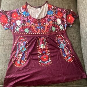Red and Pink Graphic Short Sleeve Blouse